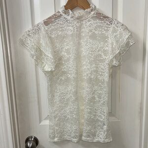 bebe Ivory Lace Flutter Sleeve Blouse